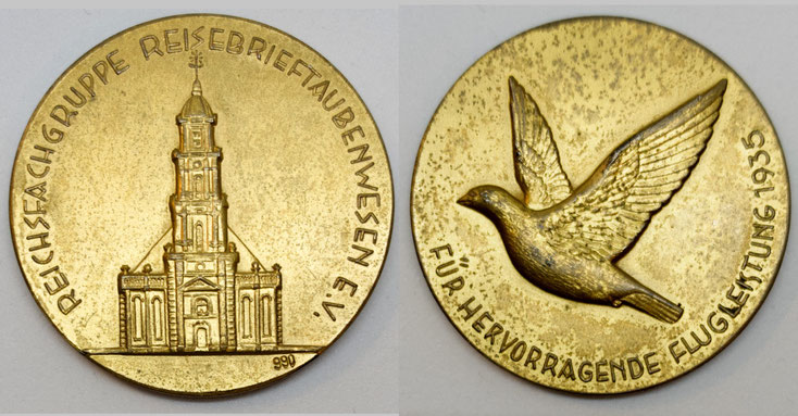 Medaille der Reichsfachgruppe Reisebrieftaubenwesen e.V. aus dem Jahr 1935, Brieftauben, Brieftaubenwesen