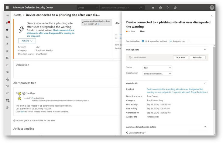 Screenshot: Microsoft Defender Security Center Cockpit