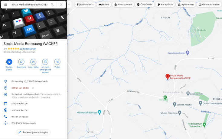 Bei Google Maps kann sich der Nutzer den Anfahrtsweg zu Ihrem Unternehmen anzeigen lassen. Hier sehen Sie den Google Maps