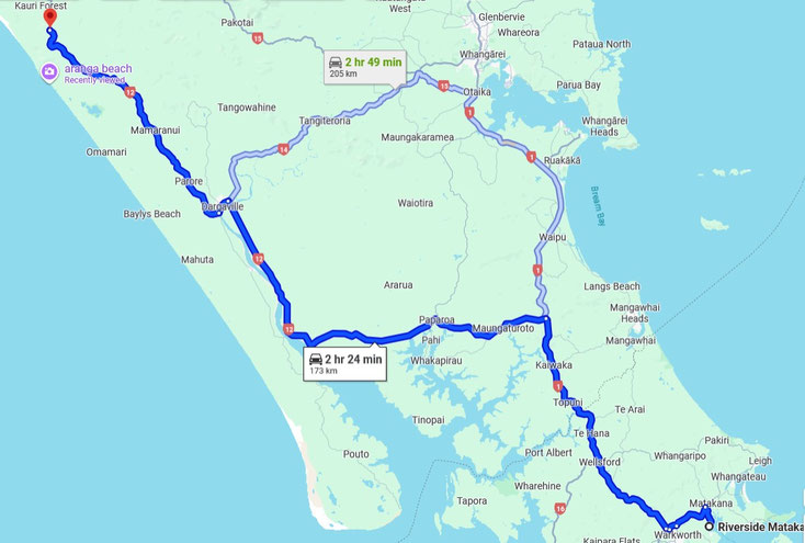 Anfahrt zu Waipoua Lodge Quelle: Google Maps Kartendaten @ 2025 Neuseeland