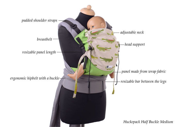 Huckepack Half Buckle, adjustable panel, padded shoulder straps, ergonomic hipbelt with buckle, soft structured babycarrier