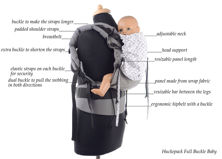 Huckepack Full Buckle, babycarrier fits from birth on, adjustable wrap panel, padded shoulder starps and hipbelt, ssc carrier with buckles