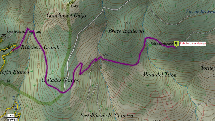 Mapa de acceso al Rebollo de la Maleza. Lozoya del Valle. Madrid.
