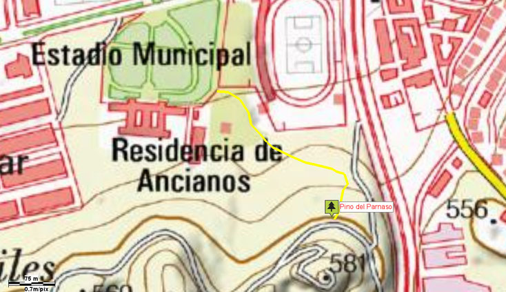 Mapa de acceso al Pino del Parnaso. Aranjuez. Madrid.