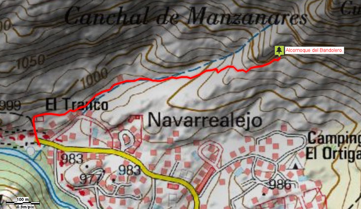 Mapa de acceso al Alcornoque del Bandolero. Manzanares el Real. Madrid.