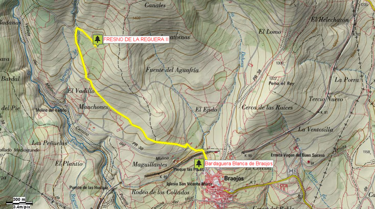 Mapa de acceso al Fresno de la Reguera II. Braojos. Madrid.