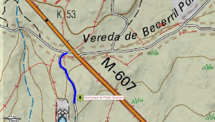 Mapa de acceso al Alcornoque de Prado Guerrero. Becerril de la Sierra. Árbol Singular de la Comunidad de Madrid.