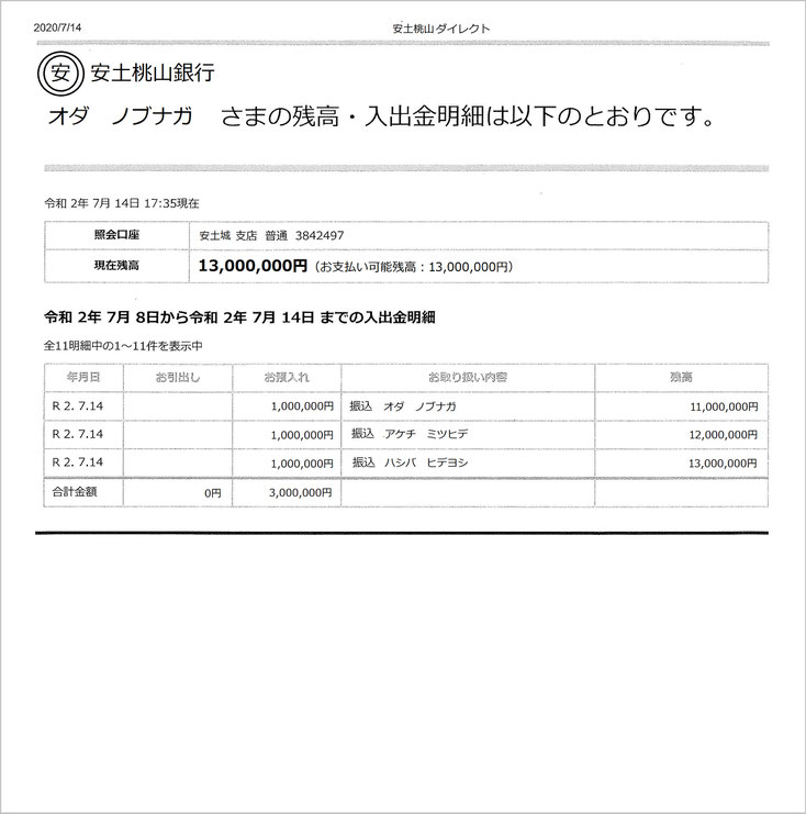 会社設立のネットバンク通帳（プリントアウトのイメージ）