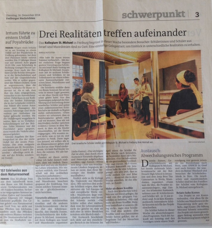 Drei Realitäten treffen aufeinander - Zeitungsartikel Freiburger Nachrichten vom 16.12.2014