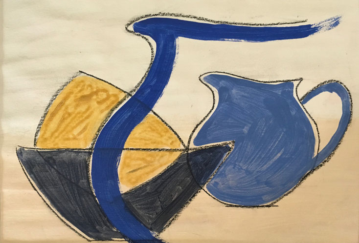 Abstract still life with jug and bowls , blue, cream and black