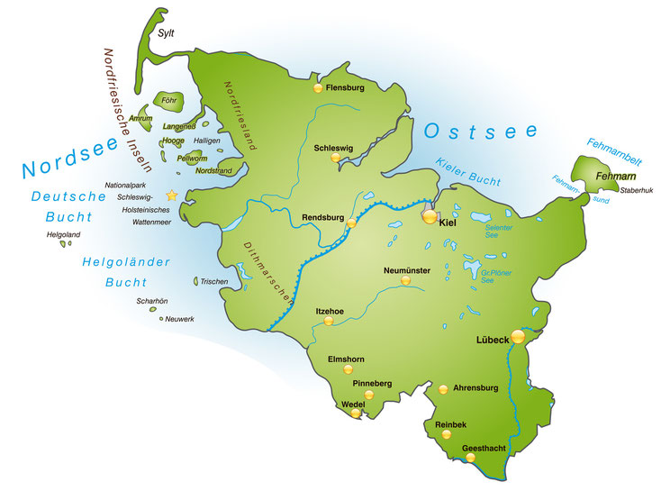 Karte Schleswig-Holstein; Detektei, Detektiv Schleswig-Holstein, Privatdetektiv