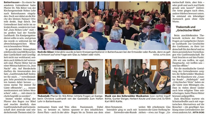 Zeitungsartikel über den Kneipengottesdienst im Gasthof "Zum Hohen Lohr" in Battenhausen; landschaftlich schön gelegen im Naturpark Kellerwald-Edersee in der nordhessischen Grimmheimat