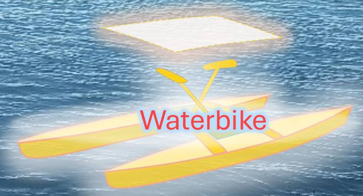 Wasserfahrrad, Katamaran-Bauweise, beliebige Flächen, naturnahem Antrieb, Symbol-Darstellung, Grafik: Rolf Anns