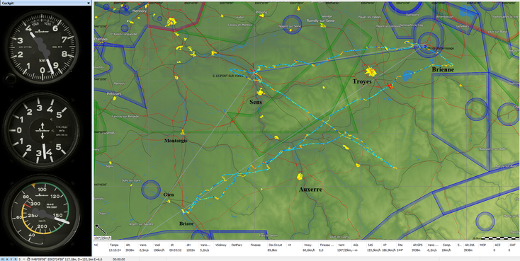 Le vol de 500km, décrypté par SeeYou. Descente rapide vers le FL115, après l'autorisation du contrôleur.