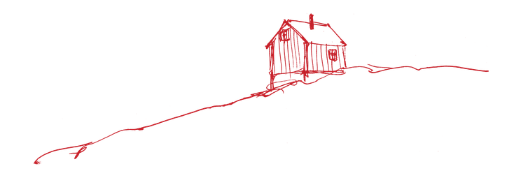 L'immagine mostra un disegno al tratto di una semplice casa groenlandese in rosso su sfondo bianco.