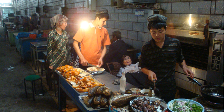 Turpan-markt-kip-overdekt-braden-China