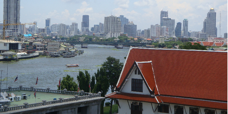 Menam-rivier-Bangkok-skyline-torens-hoogbouw-Thailand