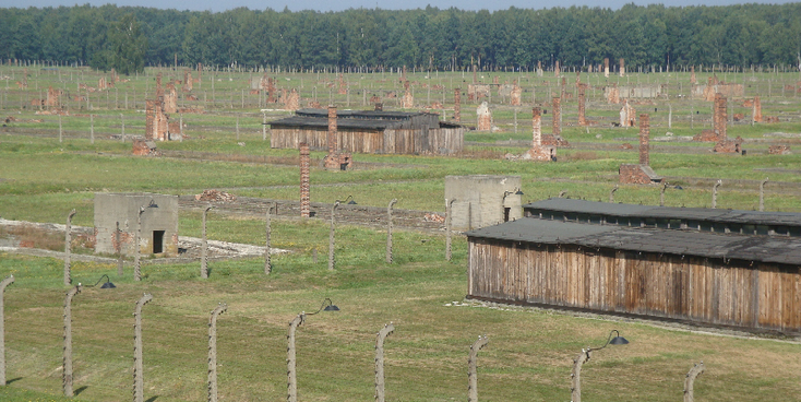 Birkenau-Auschwitz-barak-schoorsteen-prikkeldraad-hek-concentratiekamp-nazi-SS-Joden-Oswiecim-Polen