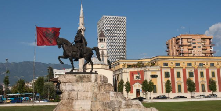 Albania-Tirana-Capital-Horse-Statue-Flag-Minnaret