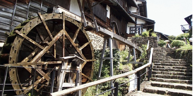 Magome-Tsumago-trap-waterrad-wandelpad-Japan