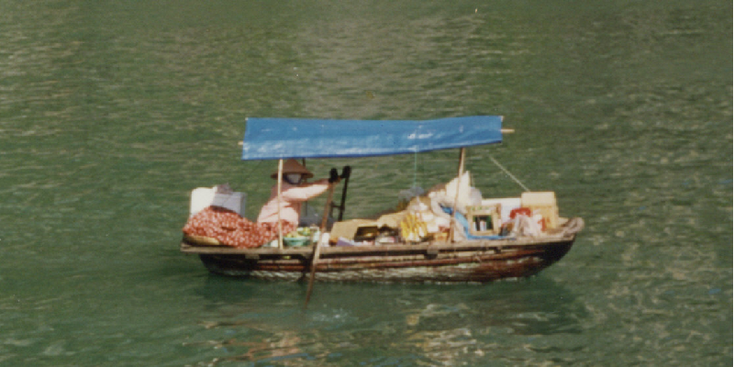 Halong-Bay-supermarkt-boten-karst-gebergte-eilanden-tocht-Vietnam-golf-van-Tonkin-kalkstenen-monolieten