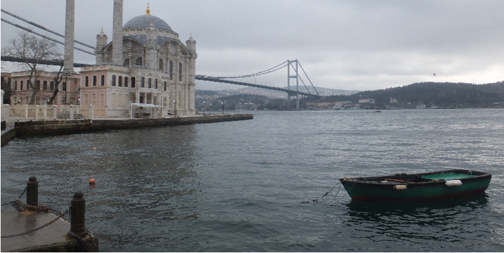 Oktakoy-moskee-Bosporus-rivier-brug-Azië-Europa-boot-Istanbul-Turkije