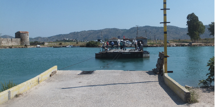 Butrint-pont-ferry-Romeinse-ruiines-Albanie-driehoeks-fort-Venetiaans