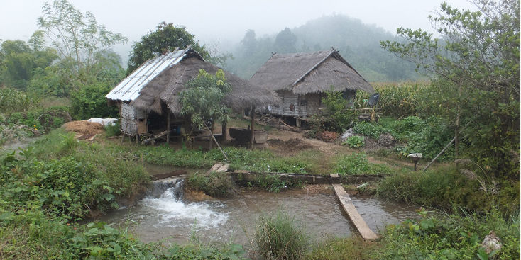 Hsipaw-vijver-rieten-huis-hut-poel-Myanmar-Birma