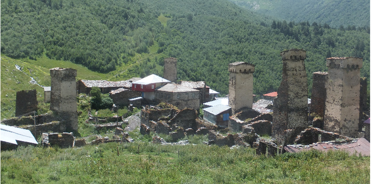 Ushguli-rivier-Svaneti-Kaukasus-wachttorens-Georgië