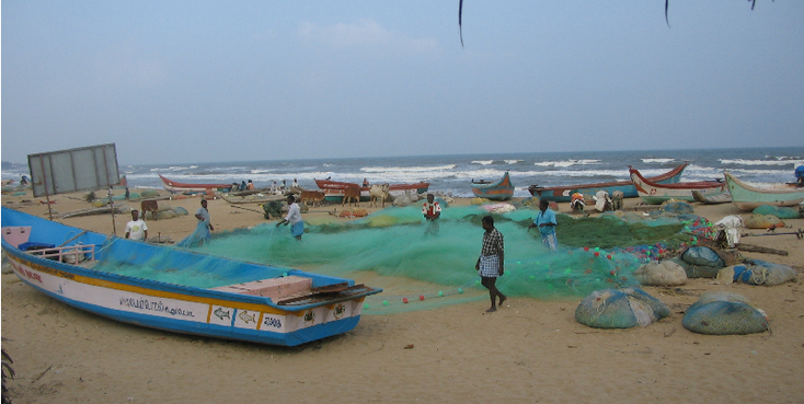 Mamallapuram-boten-India-oceaan-vissersboten-netten