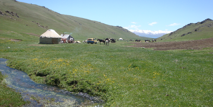 Song-Kol-meer-yurt-ger-vilten-hut-stroompje-paard-Kirgizië