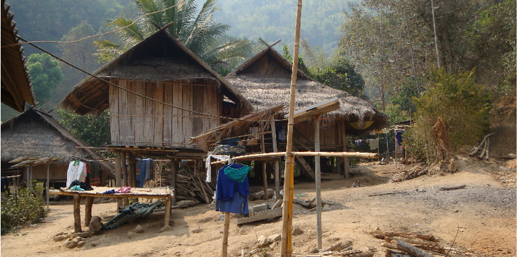 Chiang-Khang-dorp-rieten-hut-Chang-Rai-berg-stammen-traditionele-bevolking-Thailand