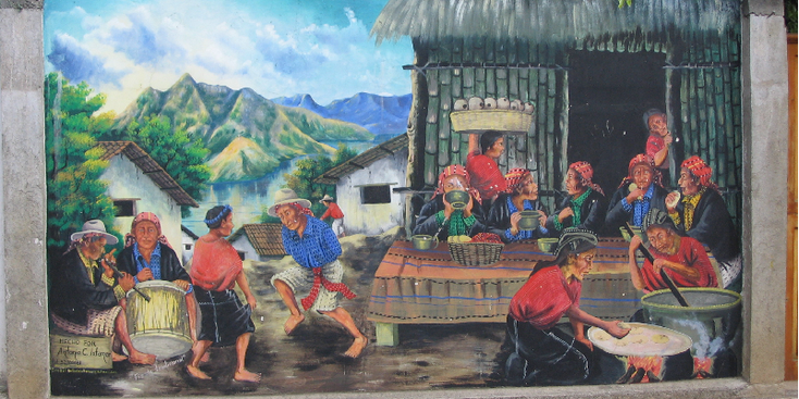 Lago-de-Atitlan-Panajachel-muurschildering-Guatemala-meer-vulkaan-koffie-bonen