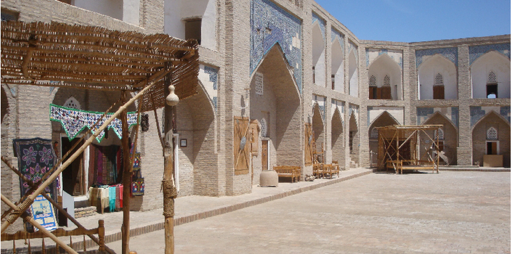 Khiva-Medressa-Minaret-Square-Gate-Blue-Tiles-Uzbekistan