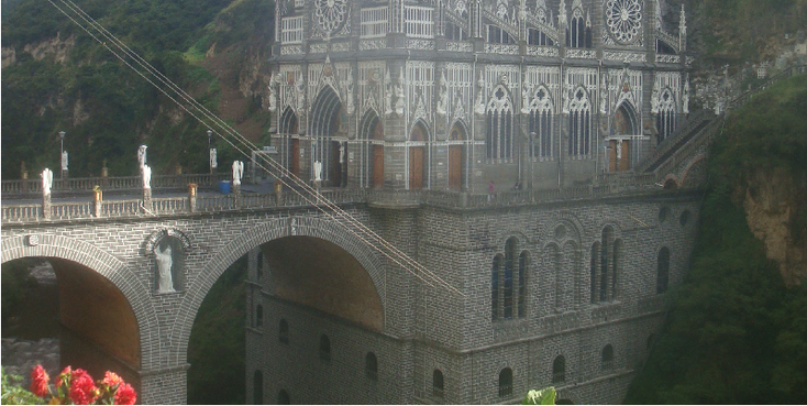 Santuario-de-La-Lajas-kathedraal-Colombia-maagd-Maria-gespiegeld-kerk