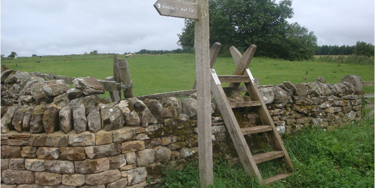 Hadrian-Wall-stenen-muur-trappetje-weiland-Romeins-grens-Engeland-Schotland