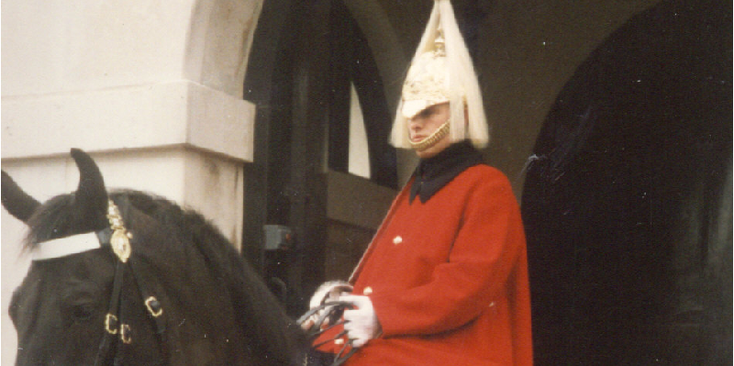 Buckingham-Palace-Guard-paard-rode-jas-helm-goud-Londen-Engeland