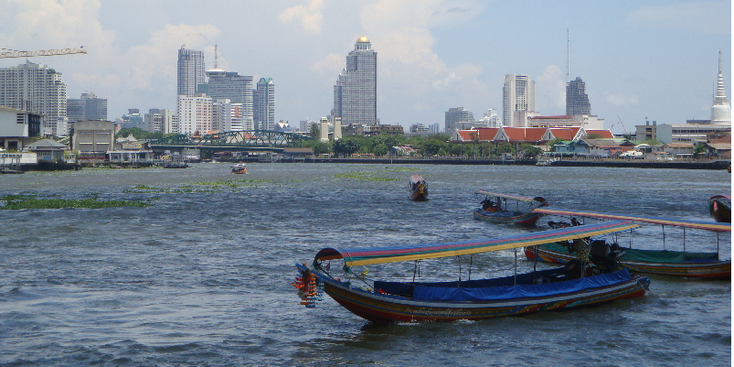 Menam-rivier-boot-Bangkok-skyline-Thailand