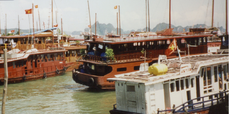 Halong-Bay-boten-karst-gebergte-eilanden-tocht-Vietnam-golf-van-Tonkin-kalkstenen-monolieten