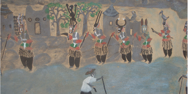 Dogon-kleed-schilderij-tekening-dans-masker-Mali