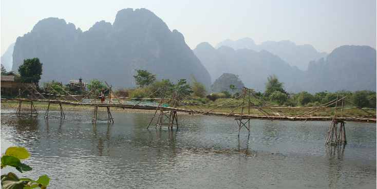 Vang-Vieng-Nam-Song-Nam-Xong-rivier-houten-hangbrug-loopbrug-bergen-Karst-Laos
