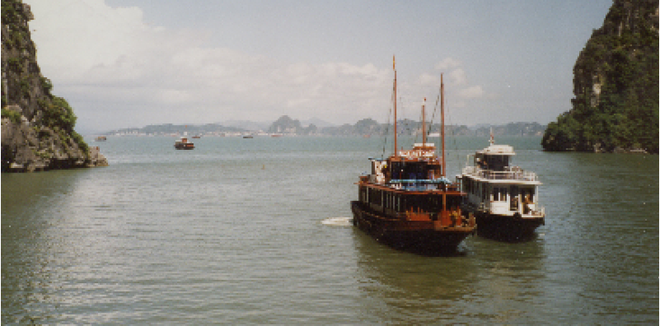 Halong-Bay-boten-karst-gebergte-eilanden-tocht-Vietnam-golf-van-Tonkin-kalkstenen-monolieten