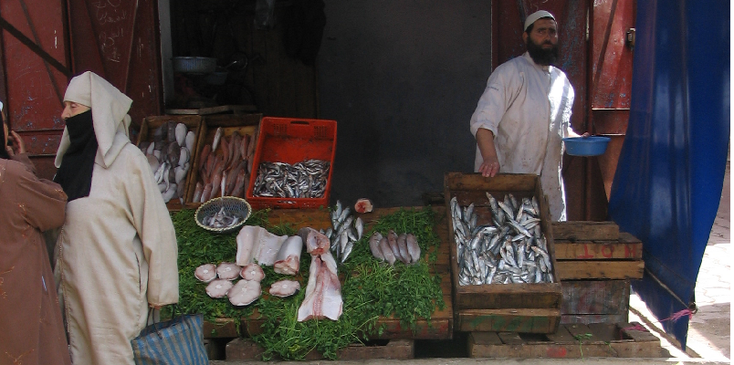 Meknes-bazaar-souq-soek-vis-stal-verkoper-Marokko