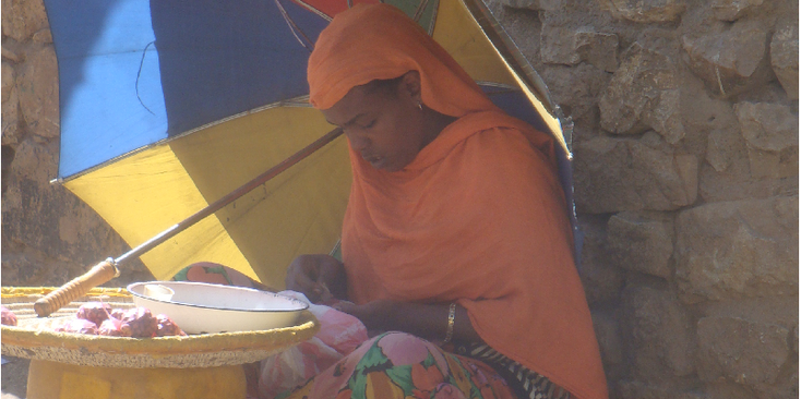 Harar-Ethiopië-lokale-vrouw-paraplu-verkoop-stal
