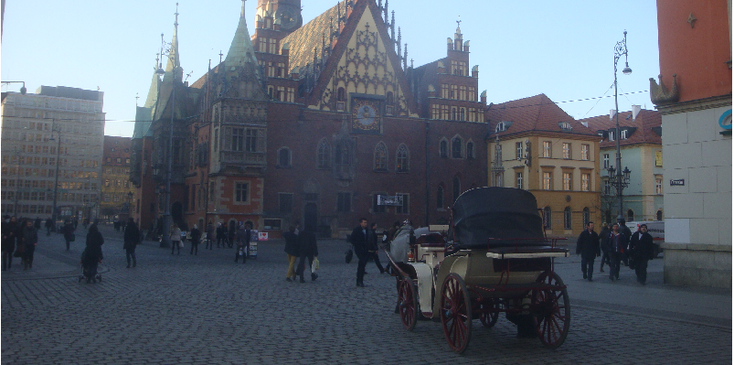 Wroclaw-Rynek-koets-paard-plein-Polen-kerk