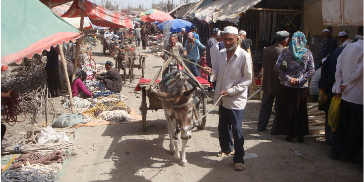 Hotan-China-zijderoute-stad-ezel-en-wagen-Ugur-Uigur-Markt