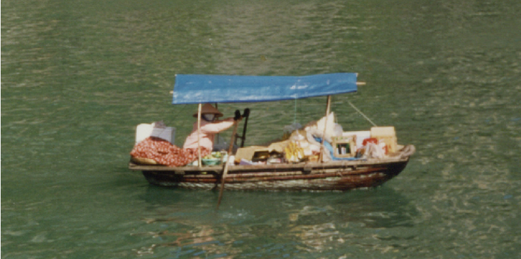 Halong-Bay-boten-supermarkt-drijvende-Vietnam-golf-van-Tonkin-kalkstenen-monolieten