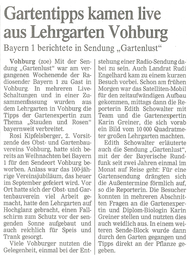 Zeitungsartikel über den Besuch von Bayer 1 in unserem Lehrgarten