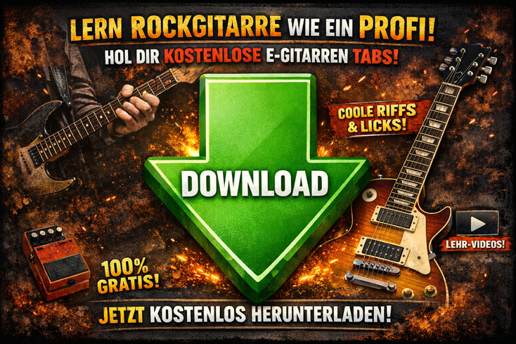 E-Gitarre-Equipment und einn grüner Download-Pfeill mit den Hinweisen "Hol dir kostenlose E-Gitarren TABs" sowie "Jetzt kostenlos herunterladen" unter der Überschrift "Lerne Rockgitarre wie ein Profi"