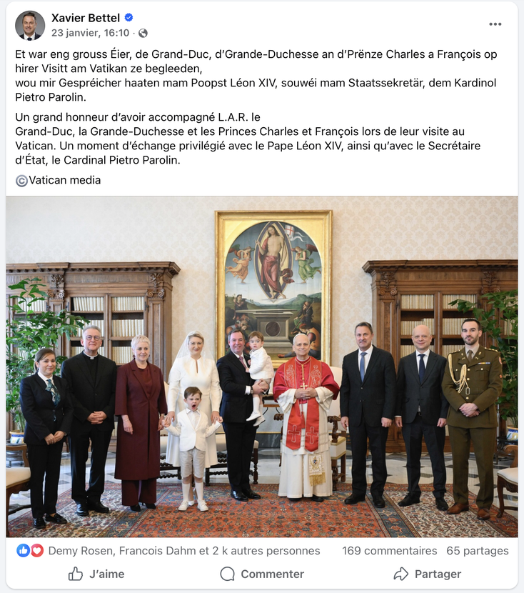 Capture d’écran du post Facebook du ministre des Affaires étrangères. Plus de 2 000 internautes se réjouissent que Xavier Bettel ait eu une audience auprès du Pontifex maximus.